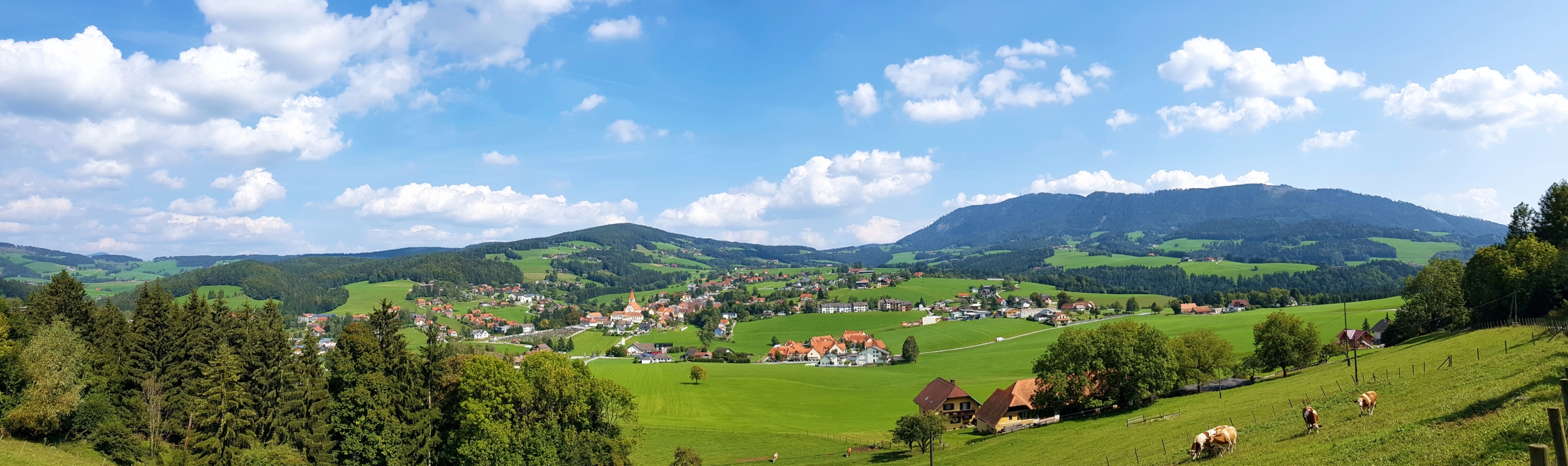 Panoramablick auf Semriach, Österreich, mit grünen Feldern, Häusern und dem Schöckl im Hintergrund unter einem blauen Himmel.
